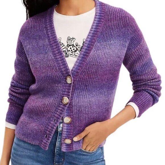 Loft Spacedye Ribbed V-Neck Long Sleeve Button Cardigan in Purple Multi Size S - Picture 1 of 16